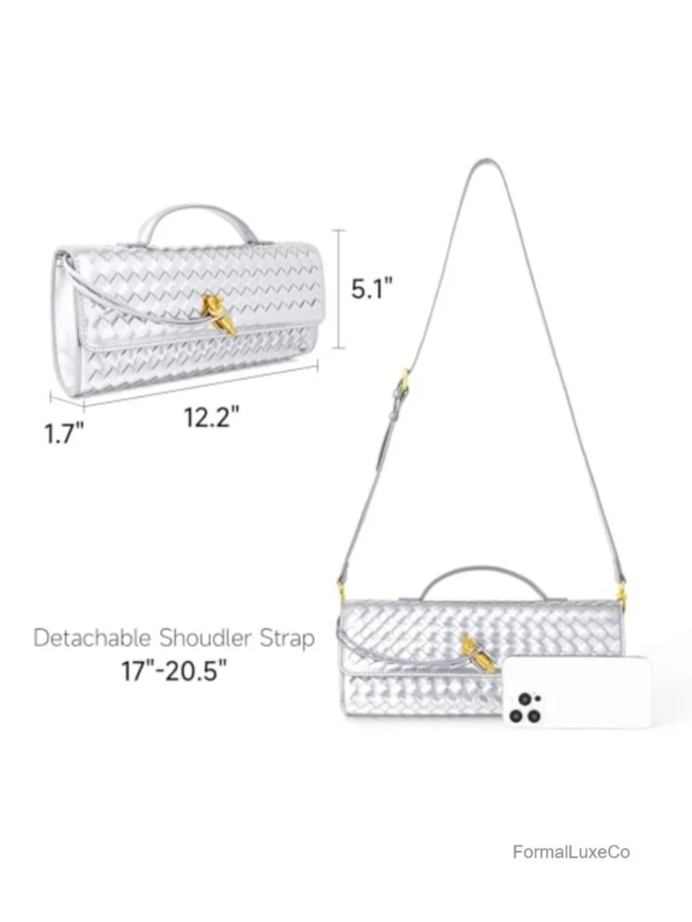 Woven Faux Leather Evening Clutch Crossbody Bag with Adjustable Strap